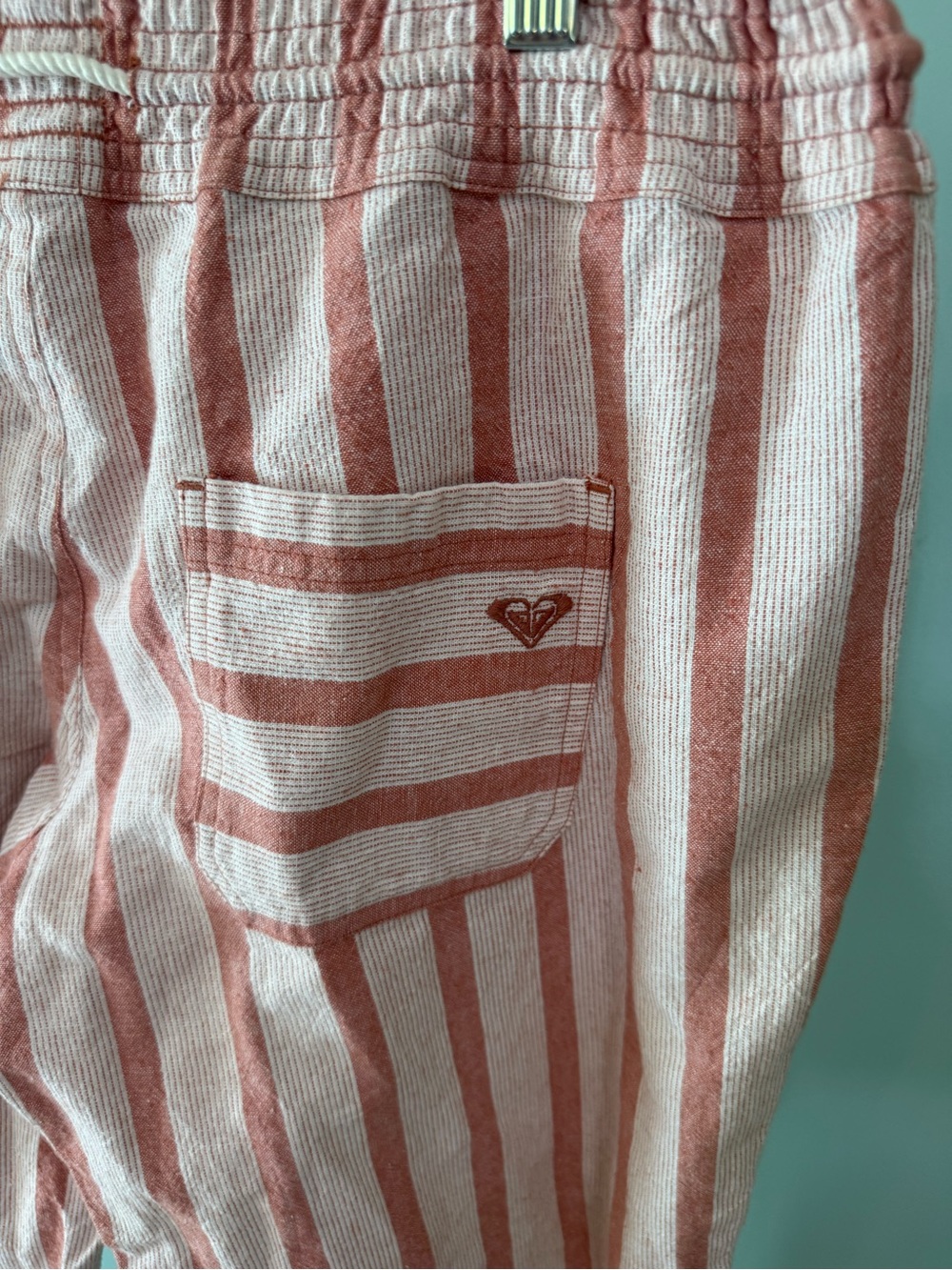 Roxy Striped Drawstring Linen Pants — Coral & White - Picture 10 of 12